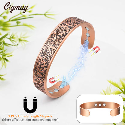Cigmag 9X Copper Bracelet for Men Copper Magnetic Bracelet Ultra Strength Magnets Tree of Life Raven Pattern Adjustable Solid Pure Cuff Bangle