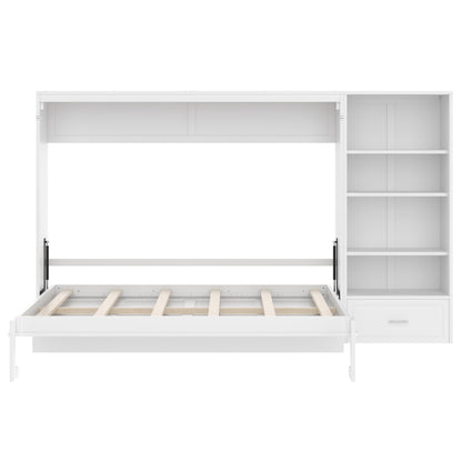 Murphy Bed Queen,Murphy Bed with Height Adjustable Storage Compartments and Shelf,Wall Bed Frame w/ 1 Drawer, Multifunctional Foldable Platform Bed for Bedroom,Guest Room,White