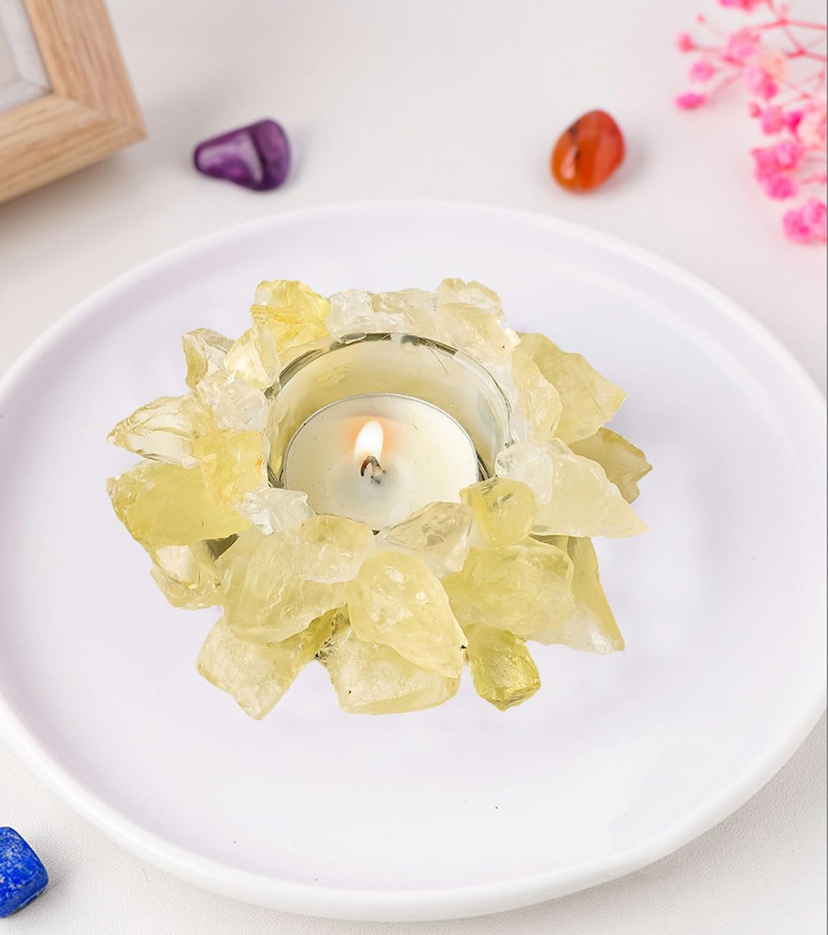 Natural Citrine Crystals, Raw Crystal Tealight Candle Holder Crystal Stone Candle Stand High Energy Geode Votive with Healing Effects (Not Included Candle)