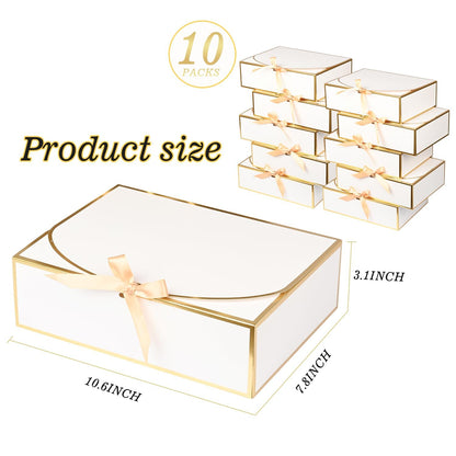 10 Pack Gold Foil Gift Boxes with Lids, 10.6x7.8x3.1Inch Luxury Bridesmaid Proposal Box, White Gift Boxes for Presents, Wedding, Baby Shower, Birthday Party