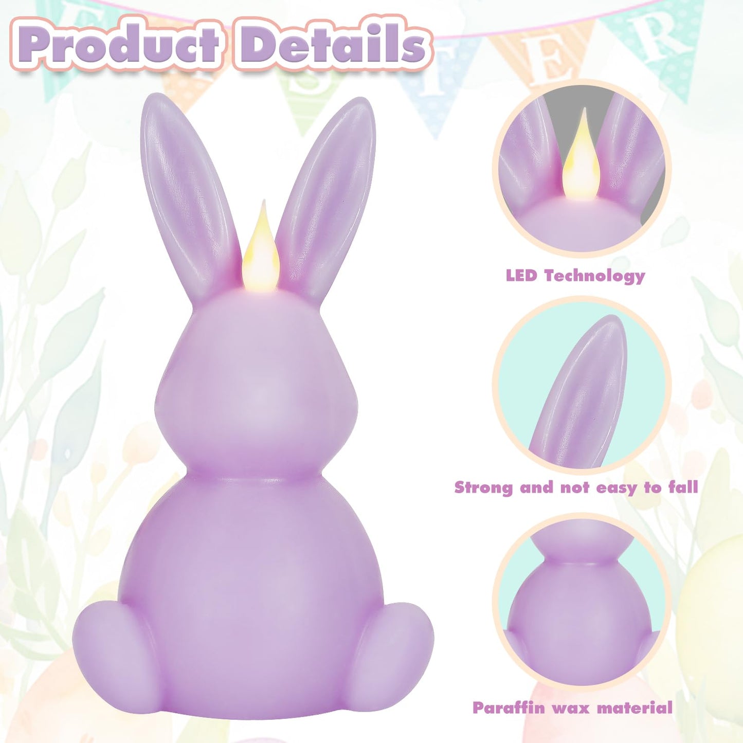 Leorate Purple Easter Bunny Flameless Candle,Real Wax Carved LED Candle,Scented Bunny Shape Flame Candle Set for Home Living Room Bedroom Party Decoration Centerpiece Table Home Decor