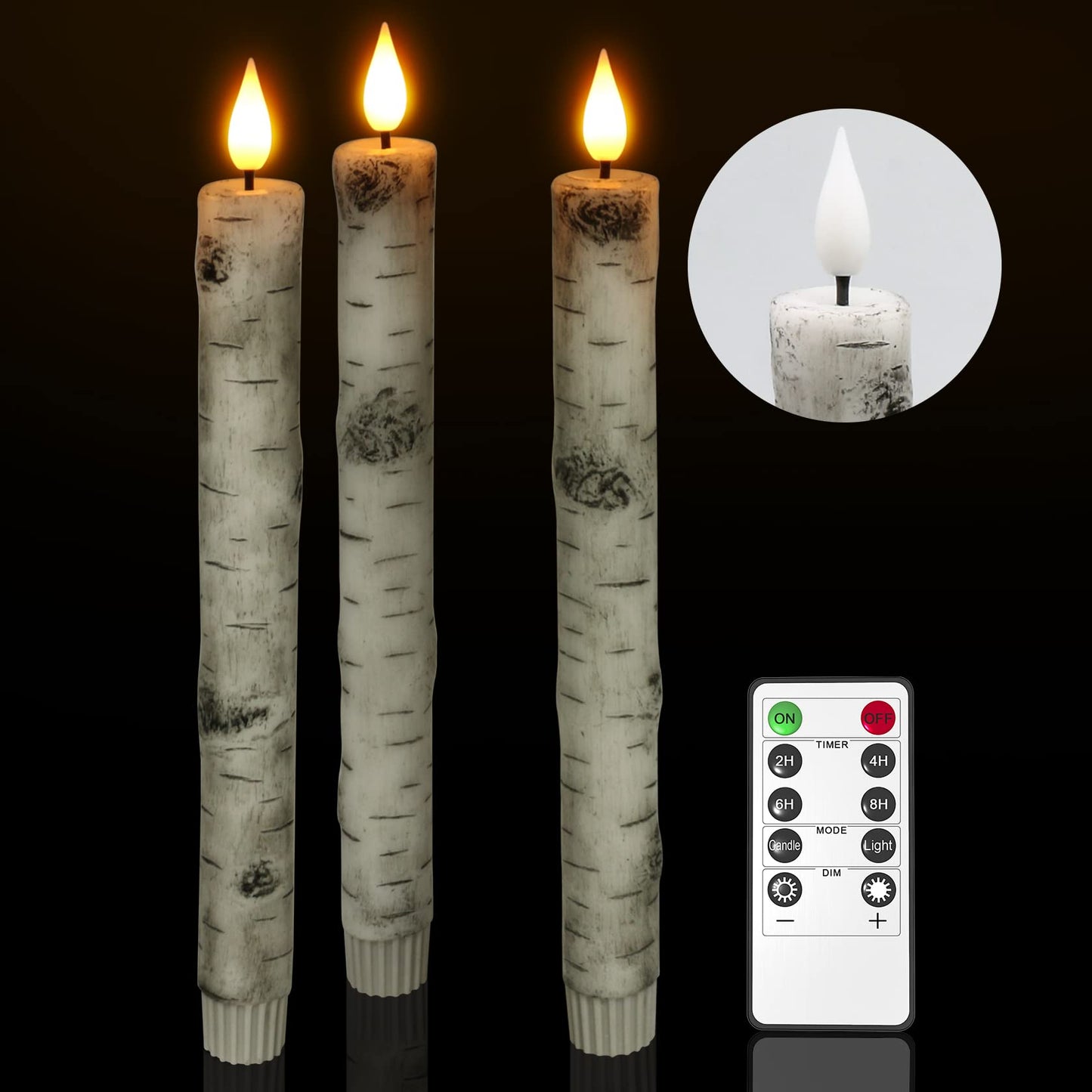 PChero Flameless Taper Candles with Remote Timer, Pack of 3 Birch Bark Real Wax Battery Operated Candlesticks, 9.6 Inches LED Flickering Window Candles for Home Wedding Christmas Decor