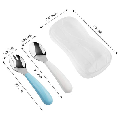 Kirecoo 2 Set Toddler Utensils, Toddler Forks and Spoons, Stainless Steel kids Silverware Set, Designed for Self Feeding Flatware Utensils with Travel Carrying Cases BPA Free (White & Aqua)
