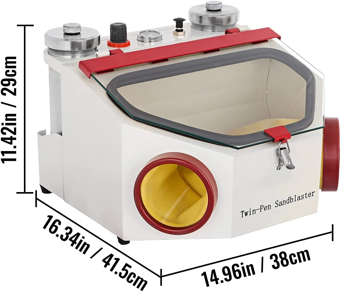 Global Lab Sandblaster Double Pen Fine Sand Blasting Machine Large View Window Sandblaster Unit with LED Lamp with 2 Pen + 2 Iron Cups