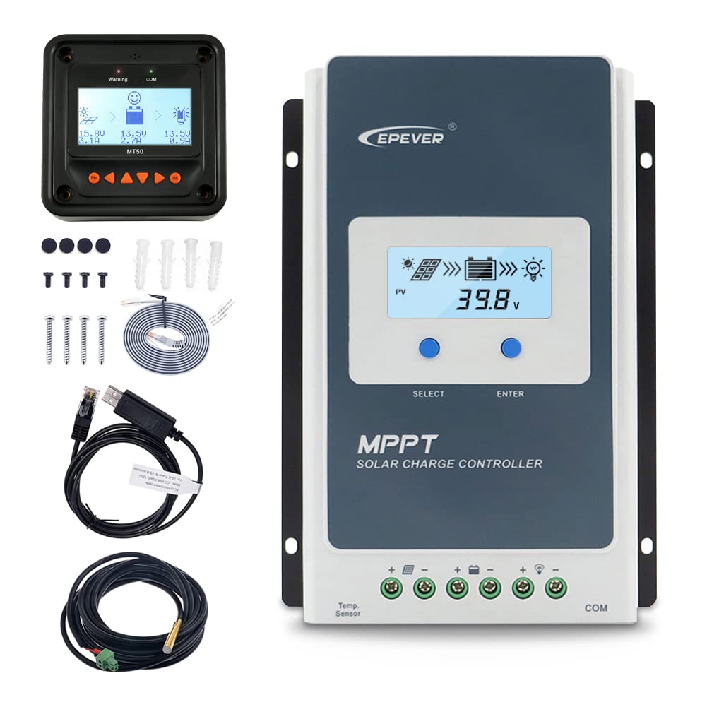 EPEVER 10A Solar Charge Controller MPPT 12V / 24V Auto Max.PV 100V Input Negative Ground Solar Panel Charge Regulator with MT50 Remote Meter Temperature Sensor RTS & PC Communication Cable RS485