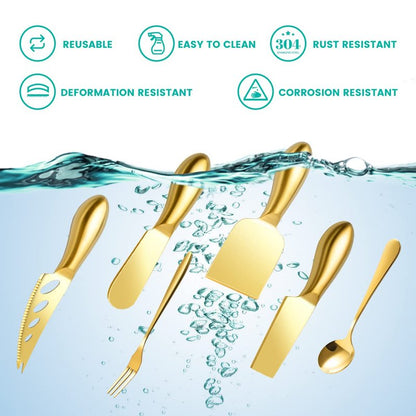 LifeMusican Gold Cheese Knife Set For Charcuterie Board Accessories, Stainless Steel Cheese Slicer And Butter Spreader knives Kit With Serving Tongs, Spoons, Forks, Flags Cheese Markers, Honey Dipper