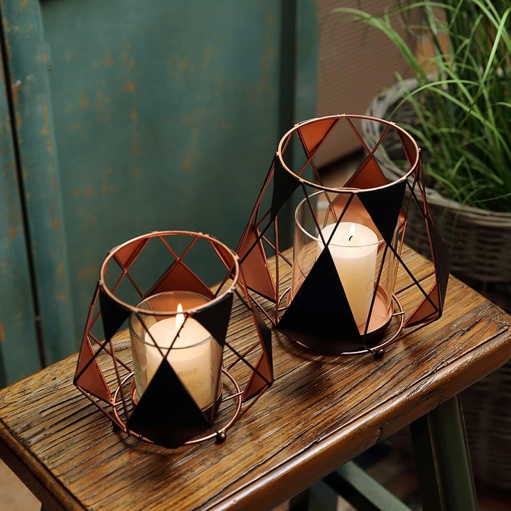 Candlestick Holders Wrought Iron Geometric Candlestick Black Diamond Wind Lamp Craftsmanship Classic Candlestick Ornaments Candle Holders (Color : Black, Size : A)