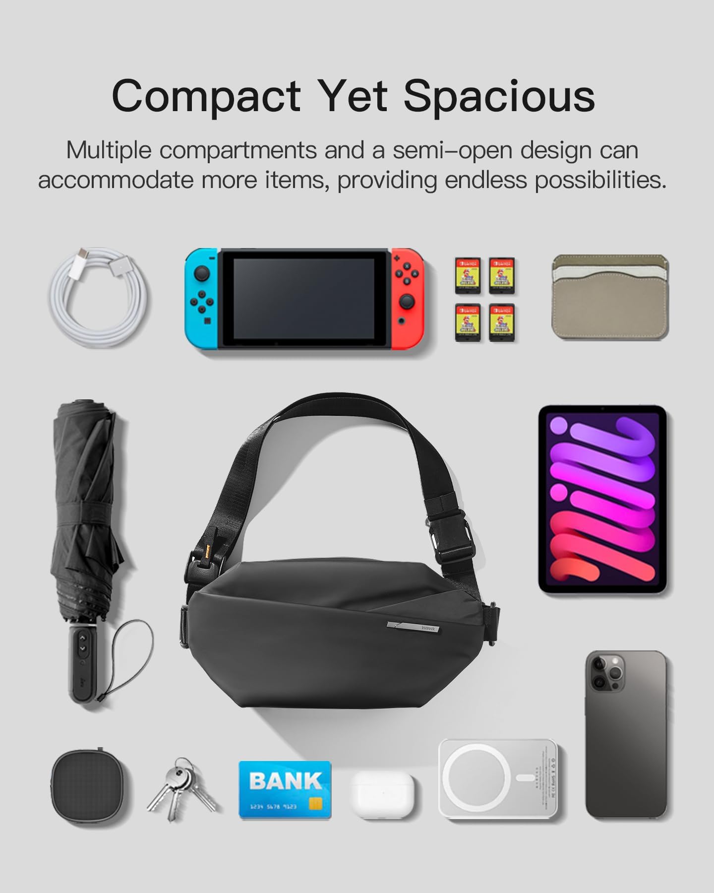 Inateck Sling Bag X, Multi-pocket Crossbody Shoulder Chest Bag with Adjustable Shoulder Strap, Water-resistant Waist Fanny Pack for Men, Women, Travel, Daily Use, Cycling, Hiking, Black, Large