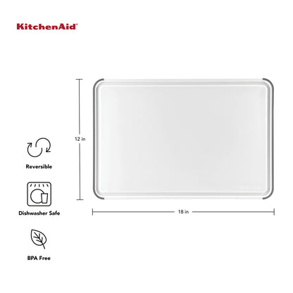 KitchenAid Classic Plastic Cutting Board with Perimeter Trench and Non Slip Edges, Dishwasher Safe, 12 inch x 18 inch, White and Gray
