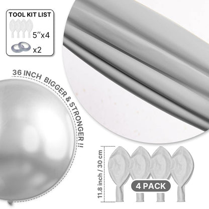 PartyWoo Metallic Silver Balloons 4pcs 36 Inch Large Big Jumbo Giant Silver Chrome Balloons for Graduation Wedding Baby Shower Bachelorette Anniversary Birthday Party Decorations Silver-G102