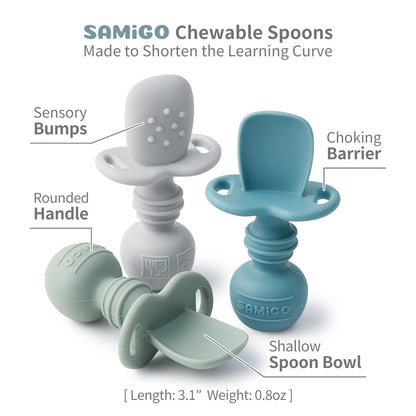 SAMiGO Silicone Baby Utensils - Self Feeding Spoons and Tiny Training Cup - First Stage Baby Led Weaning Supplies for 6 Months+ Infants - Set of 3