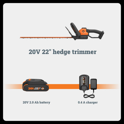 WORX 22" Cordless Hedge Trimmer, Electric Hedge Trimmer with Dual-Action Blades, Lightweight Bush Trimmer with 5.5 LBS, Battery & Charger Included, WG261