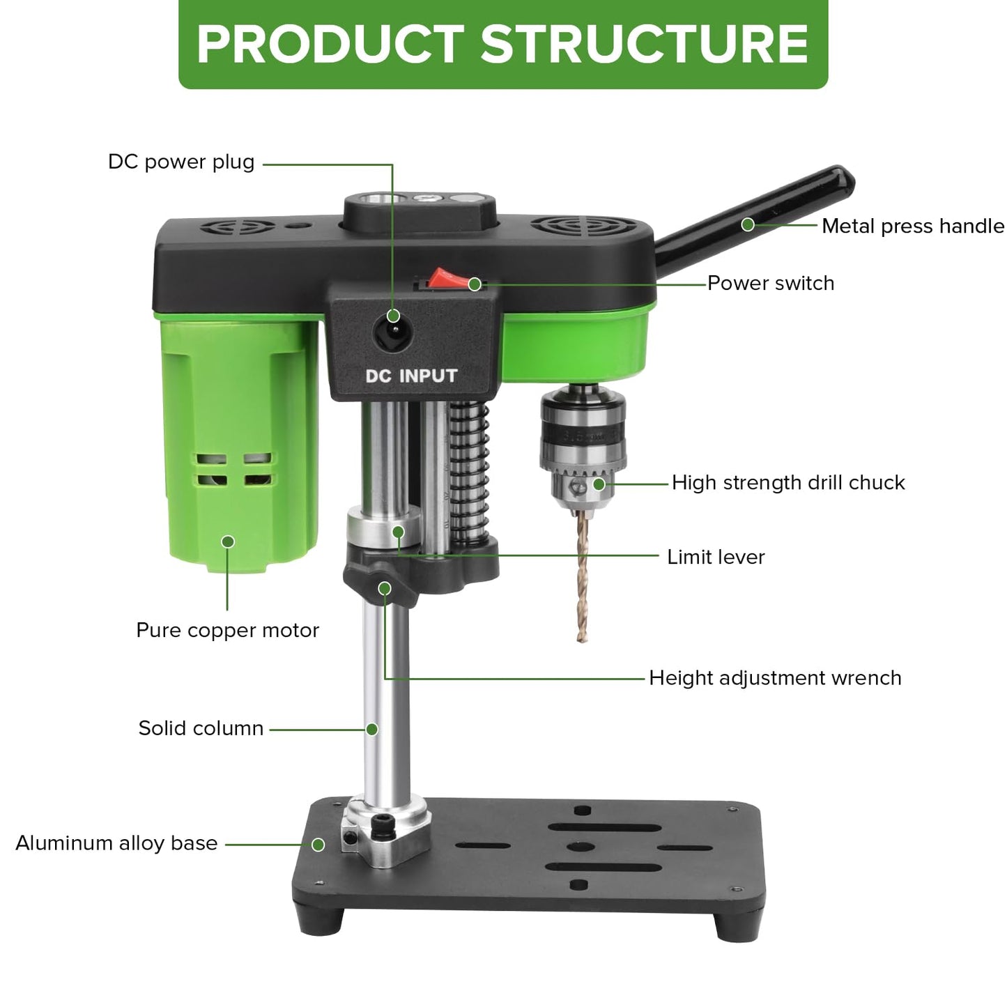 Mini Bench Drill Press,Small Benchtop Drill Press,Two Power Supply Modes,High Precison Low Noise,Compact Benchtop Drilling Machine, DIY Jewelry Making, Metal Wood Working