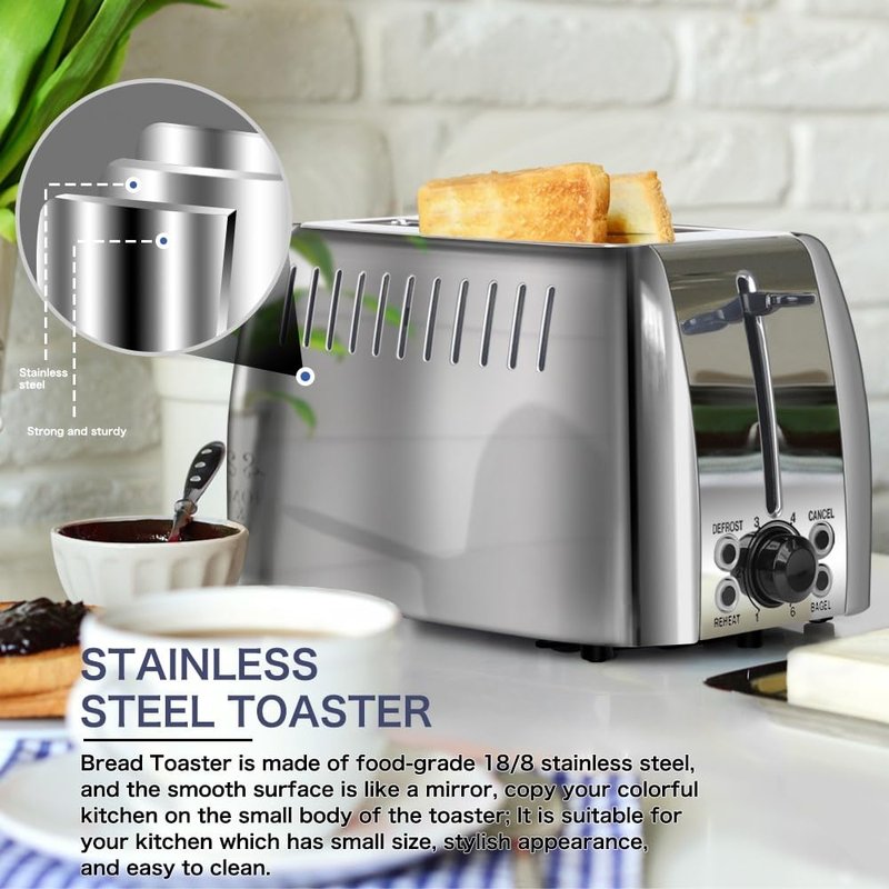 prepAmeal Toaster 2 Slice Stainless Steel Bagel Toaster Extra Wide Slots with 6 Browning Setting, Bagel/Reheat/Defrost/Cancel Function for Toasting Bread, Bagels and Waffles, 750W, Silver