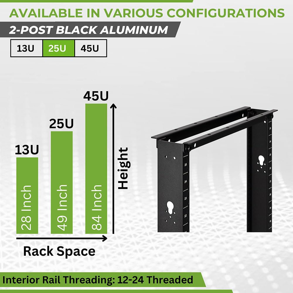 NavePoint 25U 2 Post Open Frame Server Rack for 19 Inch Equipment, AV, Networking, Data & IT Devices, 2-Post Rack 25U 661lbs Weight Capacity, Black
