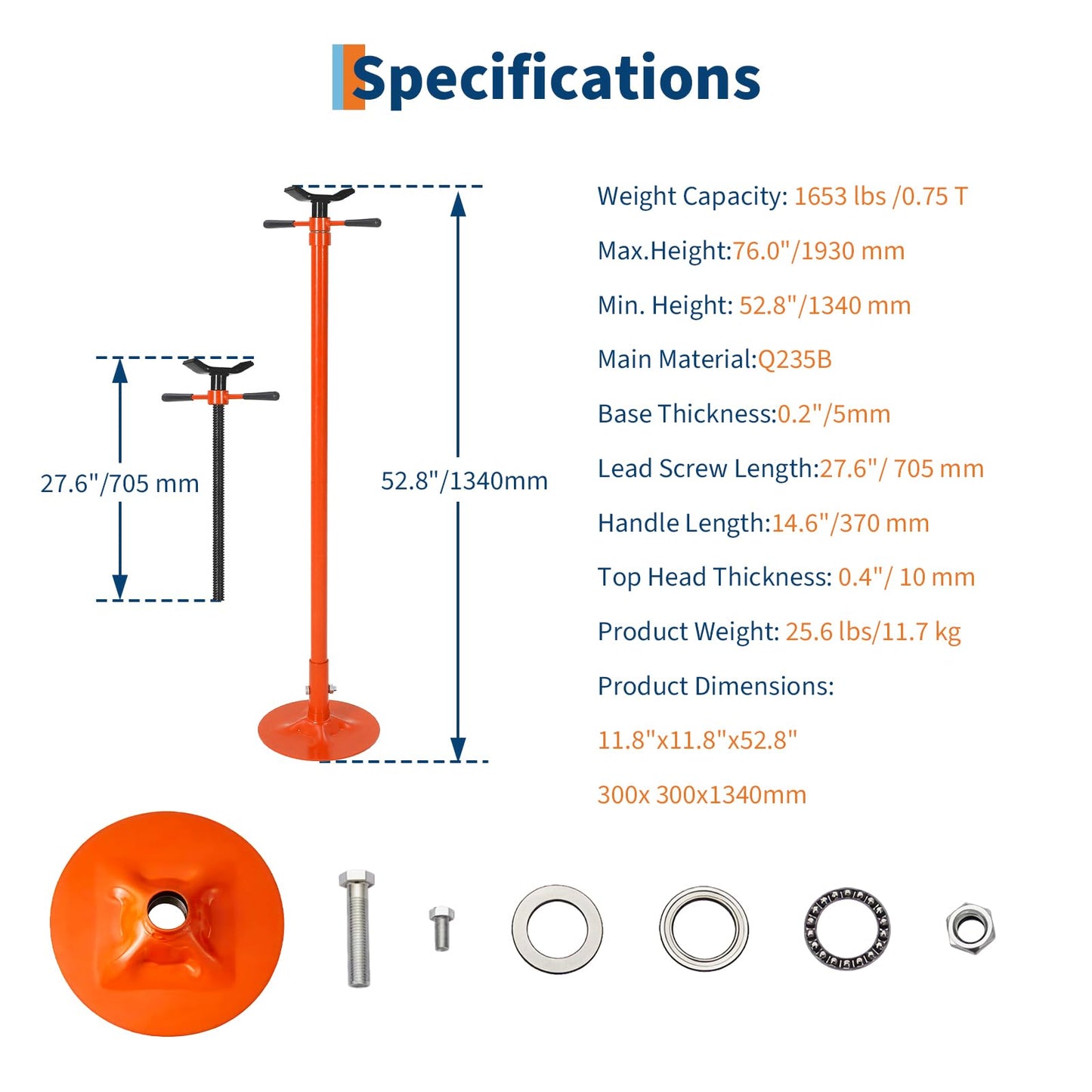 EliteEdge 2 Pack Underhoist Support Stand, 1653 LBS Screw Jack Stand with Adjustable 52"-76" Height, 3/4 Ton Under Hoist Support Stand for Vehicle Lifting & Support