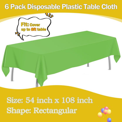 tujol Lime Green 6 Pack Plastic Table Cloth 54" x 108", Disposable Tablecloths Rectangle Table Cover, Plastic Tablecloths for Parties