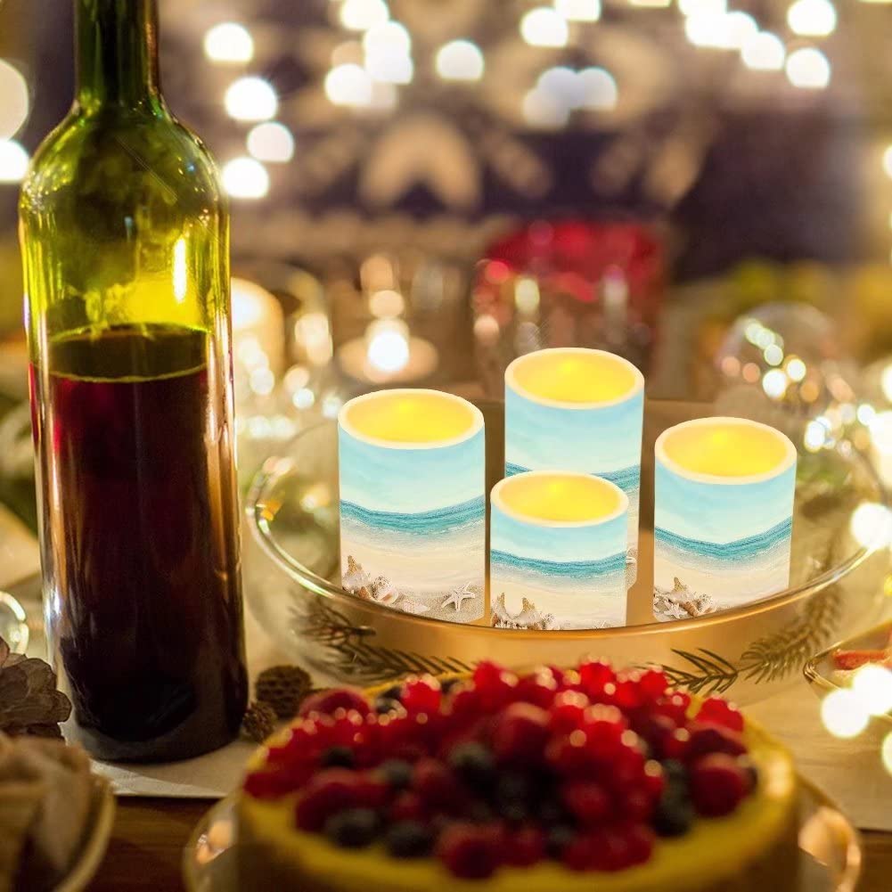 NETILGEN Flickering Flameless LED Pillar Candles with 18-Key Remote Battery Operated Color Changing Tea Lights Fake Candles, Set of 4, Beach Starfish Blue