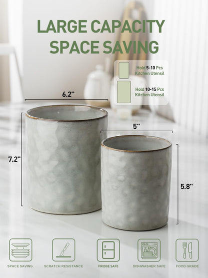 famiware Ocean Utensil Holder, 7.2"+5.8" Ceramic Kitchen Utensil Holder for Countertop, 2 Pieces Cooking Utensil Crocks, Utensil Organizer for Spatula & Spoon, Kitchen Decor, Set of 2, Gray