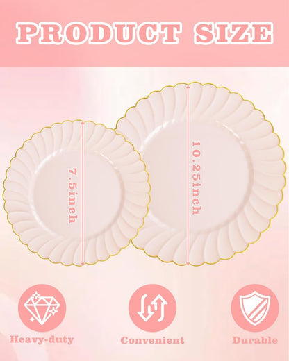 YOUBET 100PCS Pink Scalloped Plastic Plates - Heavy Duty Gold Disposable Fancy Hard Plates Include 50 Dinner Plate, 50 Dessert Plate, for Wedding & Party Mothers Day