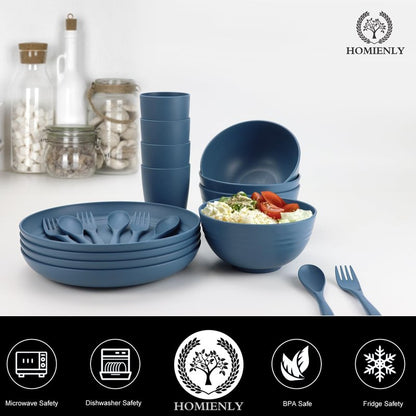 Wheat Straw Dinnerware Sets, Homienly 20pcs Unbreakable Microwave Dishwasher Safe Tableware Lightweight Bowls, Cups, Plates Set Reusable Dinner Plates Bowls set (Blue)