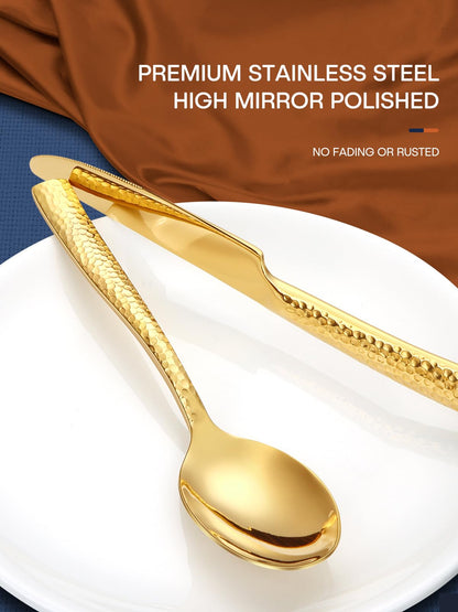 Stapava 48 Pc Gold Hammered Silverware Set with Steak Knives, Stainless Steel Gold Utensils Cutlery for 8, Mirror Flatware Include Forks, Spoons and Knives for Home, Hotel; Dishwasher Safe