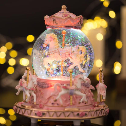 LOVE FOR YOU Musical Snow Globe Carousel | Gift-Wrapped with Ribbon, Colorful Lights & Horses - Perfect for Girls, Women & Kids