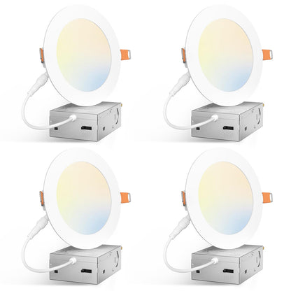 Amico 4 Pack 5 Inch 5CCT Ultra-Thin LED Canless Recessed Ceiling Light with Junction Box, 2700K/3000K/3500K/4000K/5000K Selectable, 11W=75W, 900LM High Brightness, Dimmable Wafer Downlight-ETL&FCC