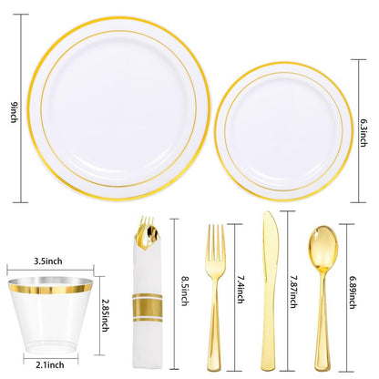 WDF Partyware 350Piece Gold Dinnerware Set for 50 Guests - Gold Plastic Plates with Disposable Cutlery - 50Dinner Plates-50Dessert Plates-50Pre Rolled Napkins with Silverware for Wedding/Mother's Day