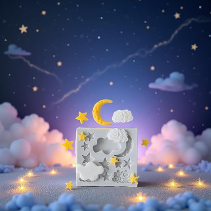 3Pcs White Star Moon Clouds Shaped Silicone Fondant Molds, Candy Chocolate Molds for DIY Cake Fondant Cookie Cloud Fondant Mold Moon For Candy Baking Sugar Cakes Decorating Candy Making Supplies