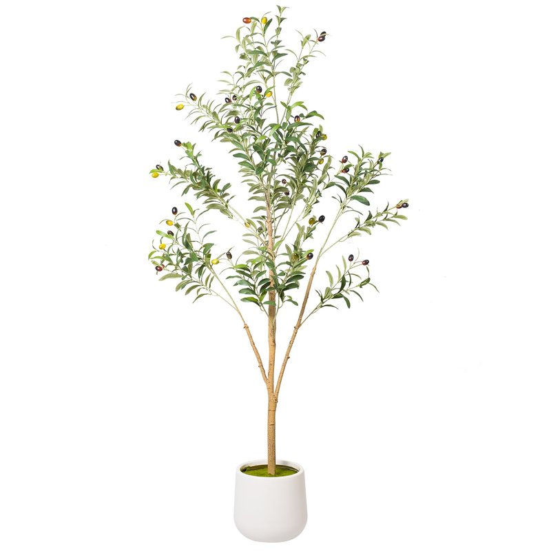 Artizone Artificial Olive Tree with White Pot - Faux Olive Tree for Home Decor, Tall Artificial Plants Indoor, Realistic Trunks Foliage Fruit, Office Decor (5FT)