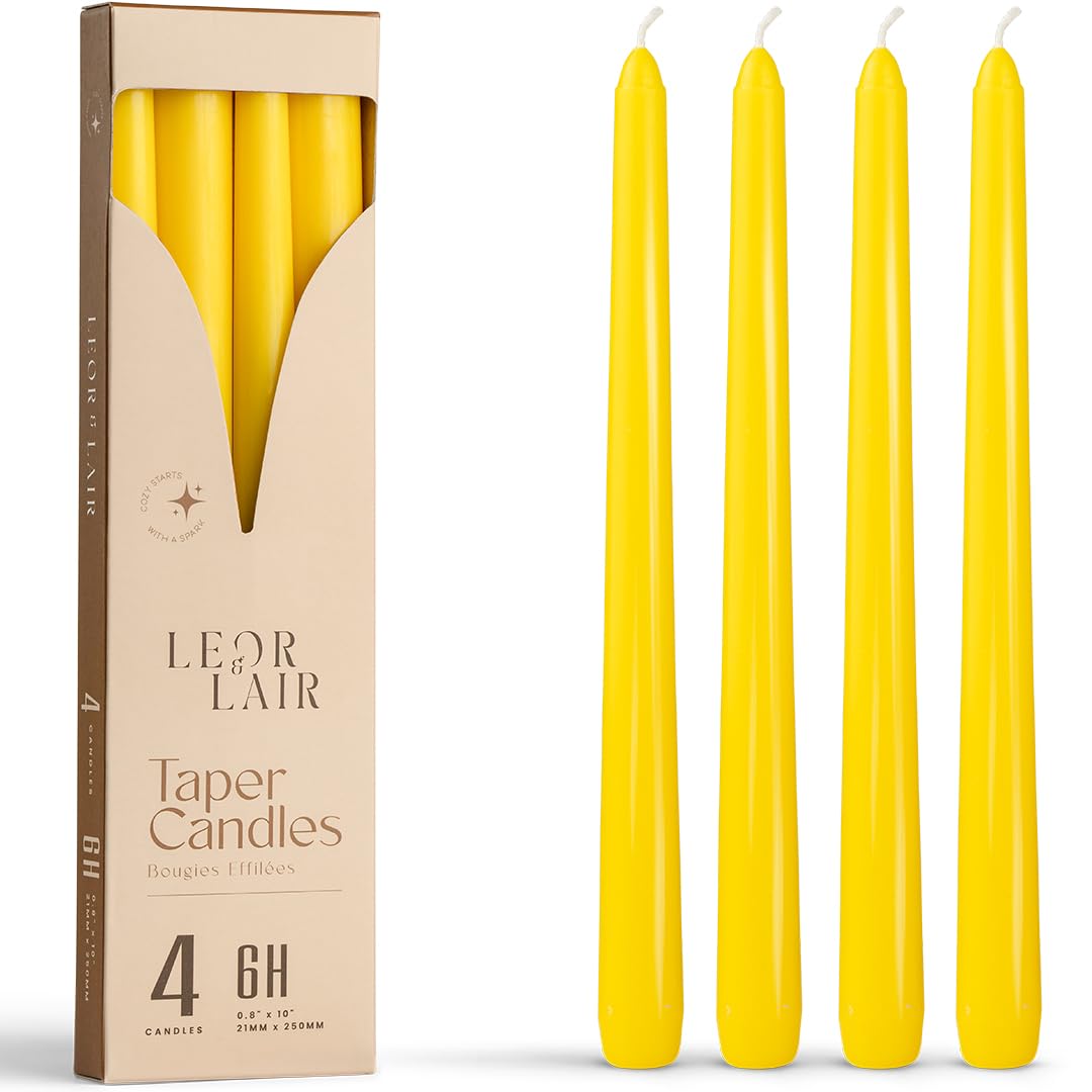 Leor & Lair Yellow Taper Candles - 4 Pack 10" Yellow Candlesticks - Unscented Long Burning Candles for Fall Decor, Dinner Table, Holidays, Weddings, Restaurants & Business Events