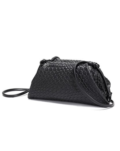 SUANNI Black Woven Vegan Leather Evening Bag, Dumpling Clutch Purse for Women, Shoulder Crossbody Bags with Adjustable & Detachable Strap, Clasp Closure Handbag for Party Wedding Weekends