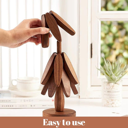 Wood Natural Tree Trivet Set, Christmas Tree Shape Trivets for Hot Dishes, 3-Piece Wooden Set with Stand for Pots, Bowls, Teapots (Dark Brown)