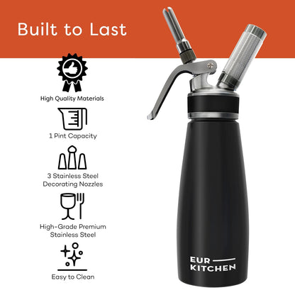 EurKitchen Stainless Steel Professional Whipped Cream Dispenser - Leak-Free Whip Cream Maker Canister - 3 Decorating Nozzles & Cleaning Brush - 1Pint /500 ML Cream Whipper - N2O Charger (Not Included)