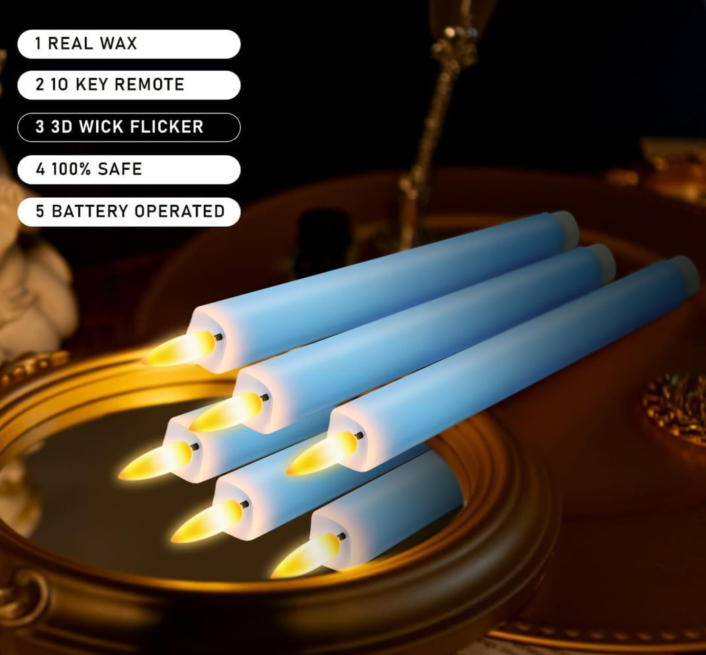 KSWING Upgraded Real Wax LED Flameless Light Blue Taper Candles with Remote, 6 PCS Candlesticks Battery Operated 3D Flickering - 9.6" Long Realistic Fake Candle Sticks for Home/Wedding/Xmas Decor