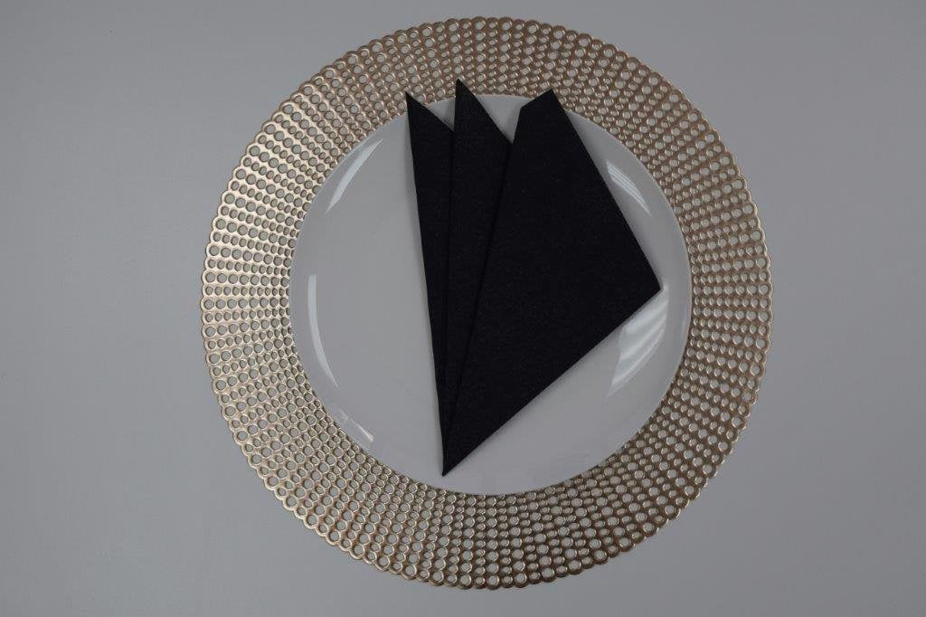 16" Round Placemats (Set of 4), 12 Prefolded 3 ply Napkins, 2 Matching Taper Candles, 2 Glass Candle Holders (Black)