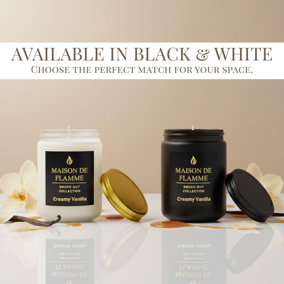MAISON DE FLAMME Creamy Vanilla Odor-Eliminating Scented Candle, 200g/7oz White Jar – Long-Lasting Soy Wax Blend Candle for Smoke, Kitchen & Home Odors