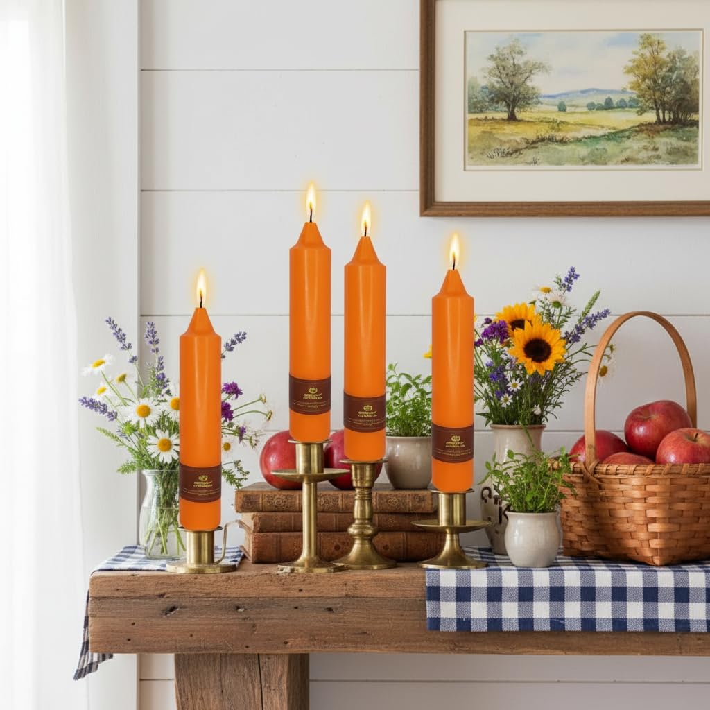Short Orange Chunky Taper Candles 7 Inch Set of 4 Candlesticks Fat Candles Handmade Clean Burning Unscented Candles for Dinner Country Farmhouse Bedroom Meditation Wedding Home Decor Sanctuary