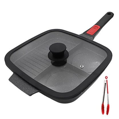 Bobikuke 3 Section Grill Pan for Stove Tops with Detachable Handle, Nonstick Versatile Griddle Pan with Lid, Square Skillet PFOA Free, Black