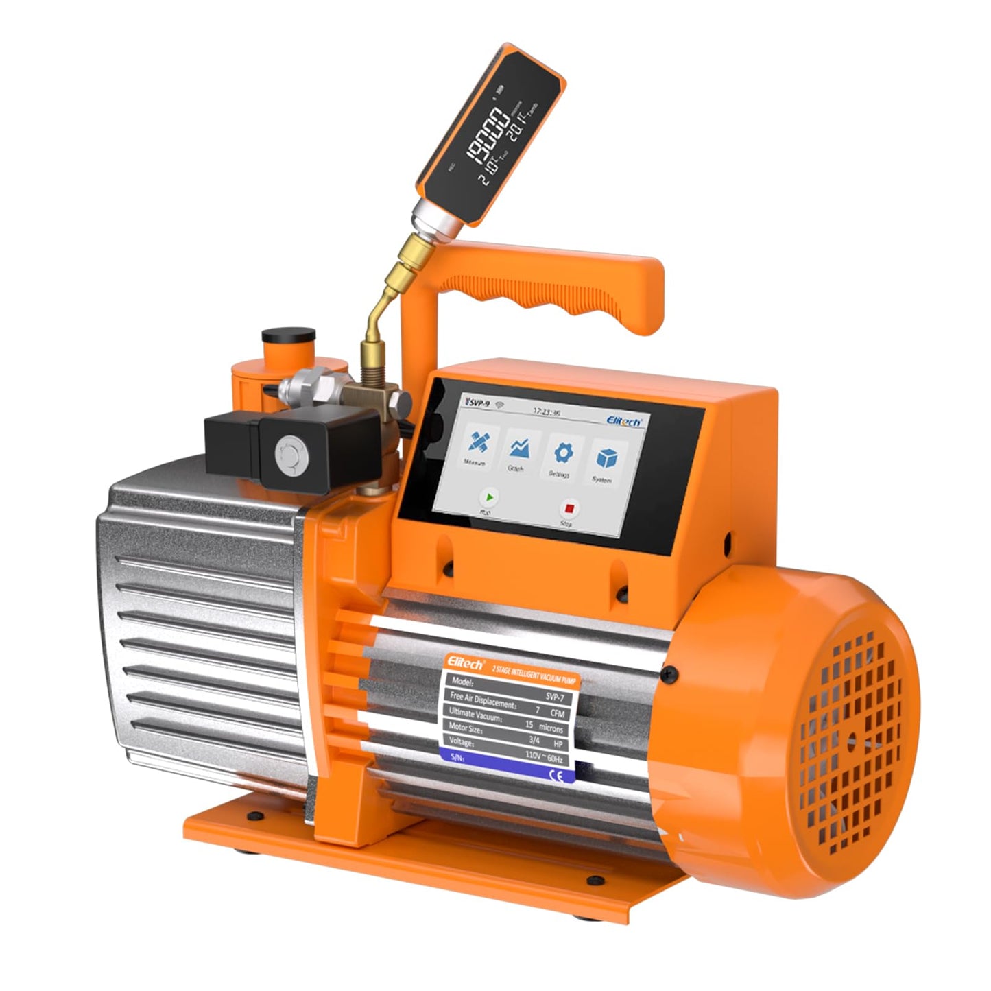 Elitech 12 CFM HVAC Vacuum Pump with External Micron Gauge, 1 HP Dual-Stage Rotary Vane Pump, 4" Touchscreen & App, Fast Evacuation for AC, Refrigeration, Mini Split, R12/R22/R134a/R410a- SVP-12 Pro