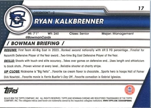 2023-24 Bowman University Chrome Sapphire #17 Ryan Kalkbrenner Creighton Bluejays Basketball Card - Sportscard Superstore