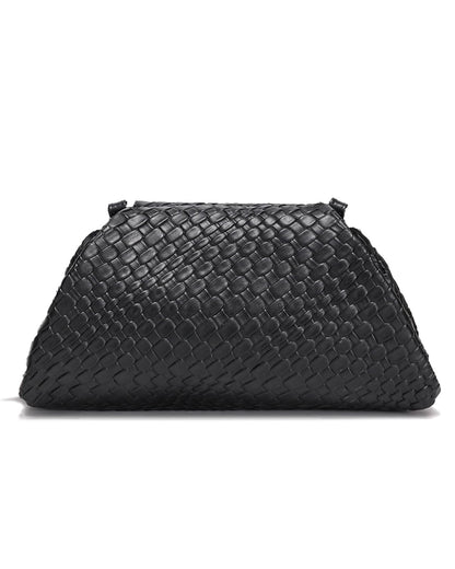 SUANNI Black Woven Vegan Leather Evening Bag, Dumpling Clutch Purse for Women, Shoulder Crossbody Bags with Adjustable & Detachable Strap, Clasp Closure Handbag for Party Wedding Weekends