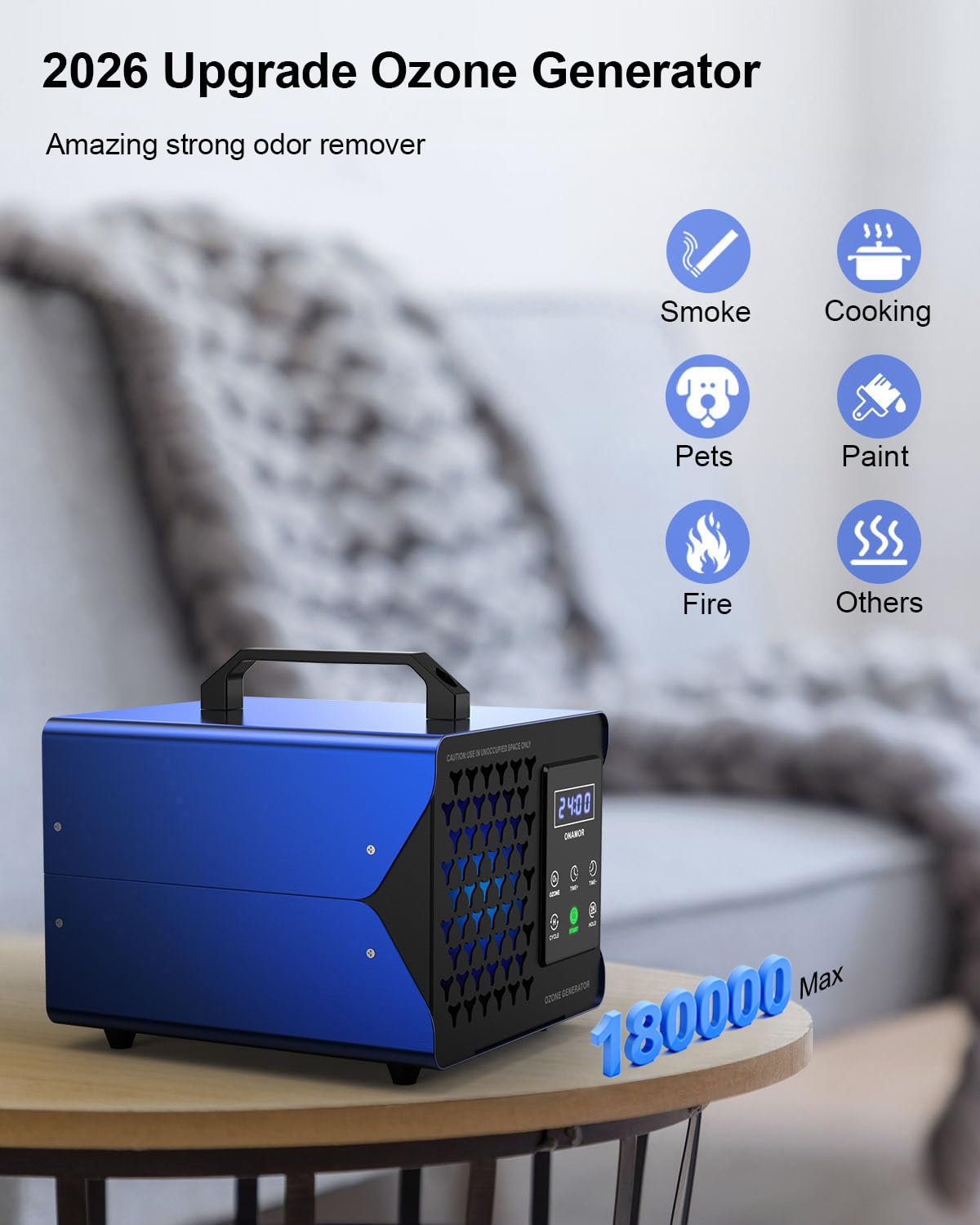 ONAMOR Digital Ozone Generator Odor Eliminator 180,000mg, High Capacity Ozone Machine Odor Removal Up to 8,000 Sq.Ft, Ionizer Deodorizer Ozonator for Home, Car, Smoke, Pet Room