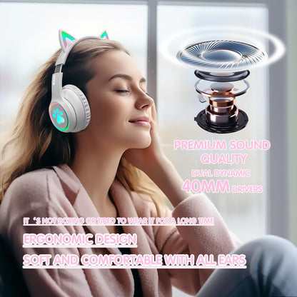 Mokata Gaming Bluetooth 5.0 Wireless Headphones Over Ear Cat Led Light Foldable Music Headset with Aux 3.5mm Microphone (Built-in) for Adult & Kids PC TV Game Music Pad Laptop Cellphone White