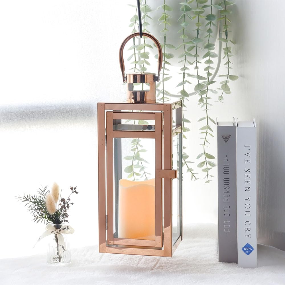 Candlestick Holders Stainless Steel Candle Holder Lanterns Rose Gold Hanging Lantern Candlestick Light for Indoor Outdoor Weddings Party Home Decor Candle Holders