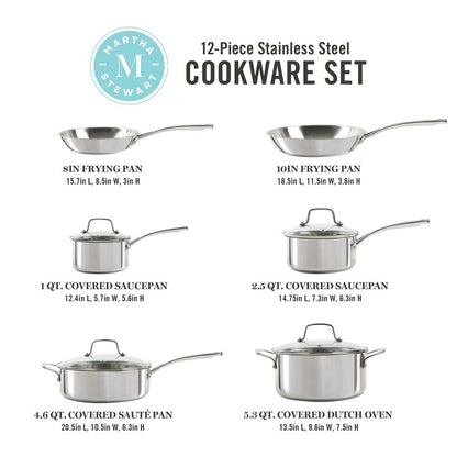 Martha Stewart Castelle 10 Piece 18/8 Durable Stainless Steel Induction Safe Non-Toxic Triply Bottom Kitchen Pots and Pans Cookware Set - Dishwasher Safe