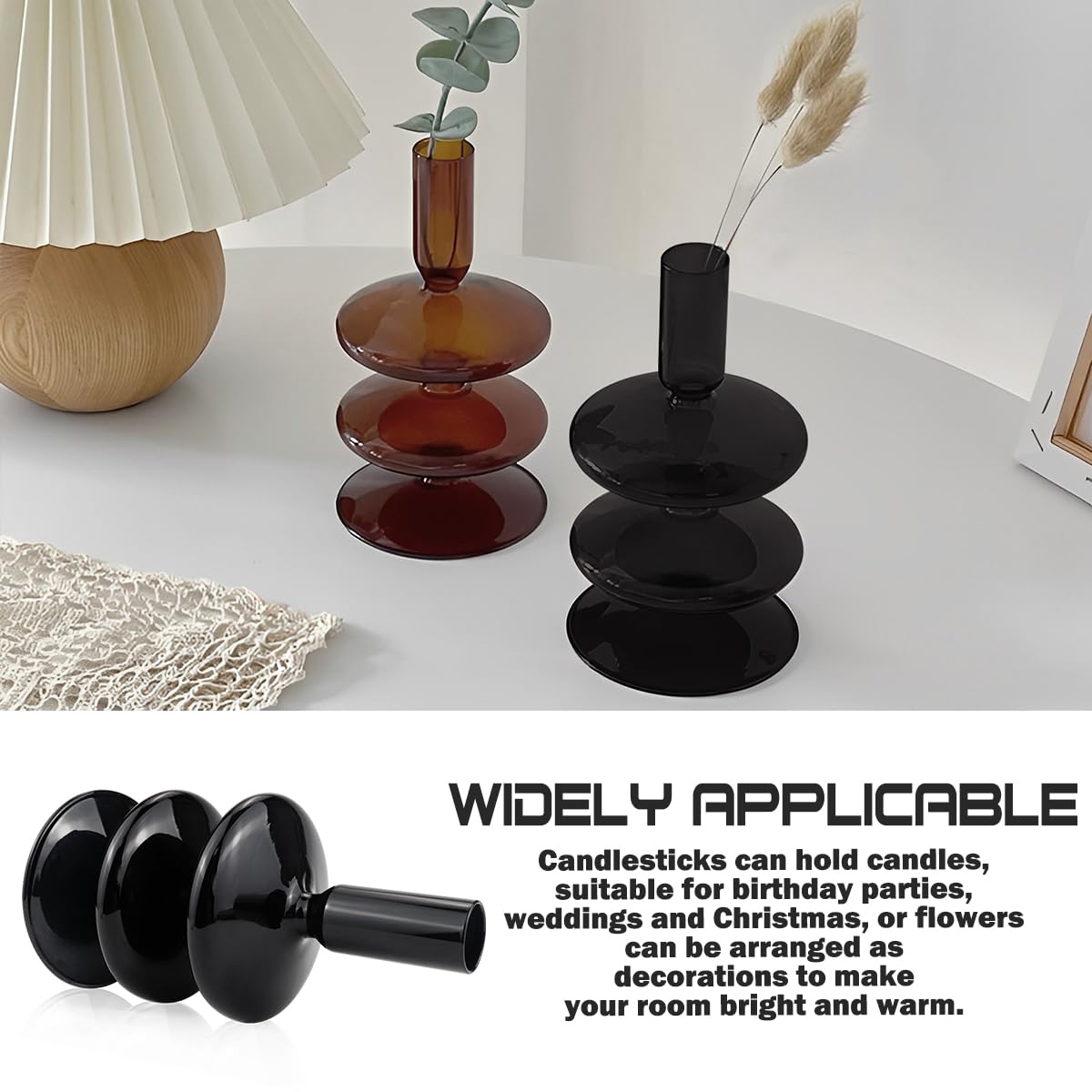 Glass Candle Holder for Taper Candles,Clear Decorative Candle Sticks Holders for Wedding Valentines Day Birthday Party Centerpiece (Black)