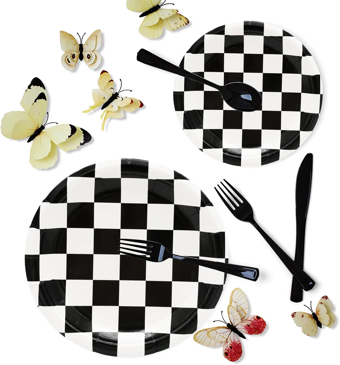 Black and White Checkered Race Car Party Supplies 150Pcs,Racing Party Tableware Set 9"& 7"Checkered Plates and Checkered Flag Napkins Knives Forks Spoons for Race Car Themed Birthday Party Decorations