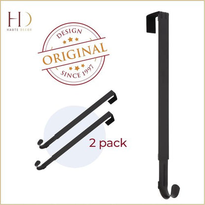 Haute Decor Adjustable Length Over The Door Wreath Hanger Hook - 2-Pack | Strong Matte Black, Holds Up to 20 lbs.